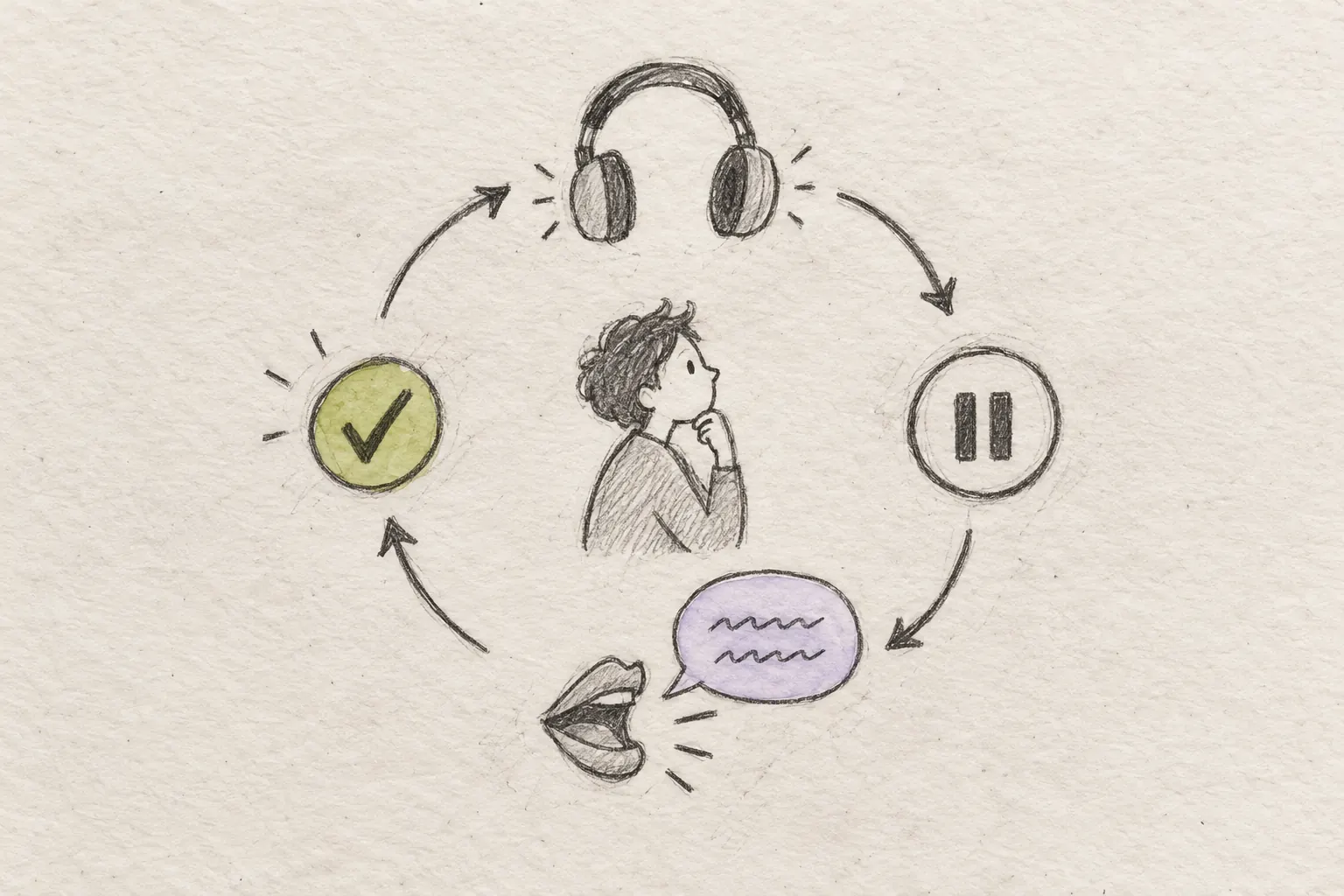 Pencil sketch of a practice loop: listen with headphones, pause, answer aloud, then check your answer