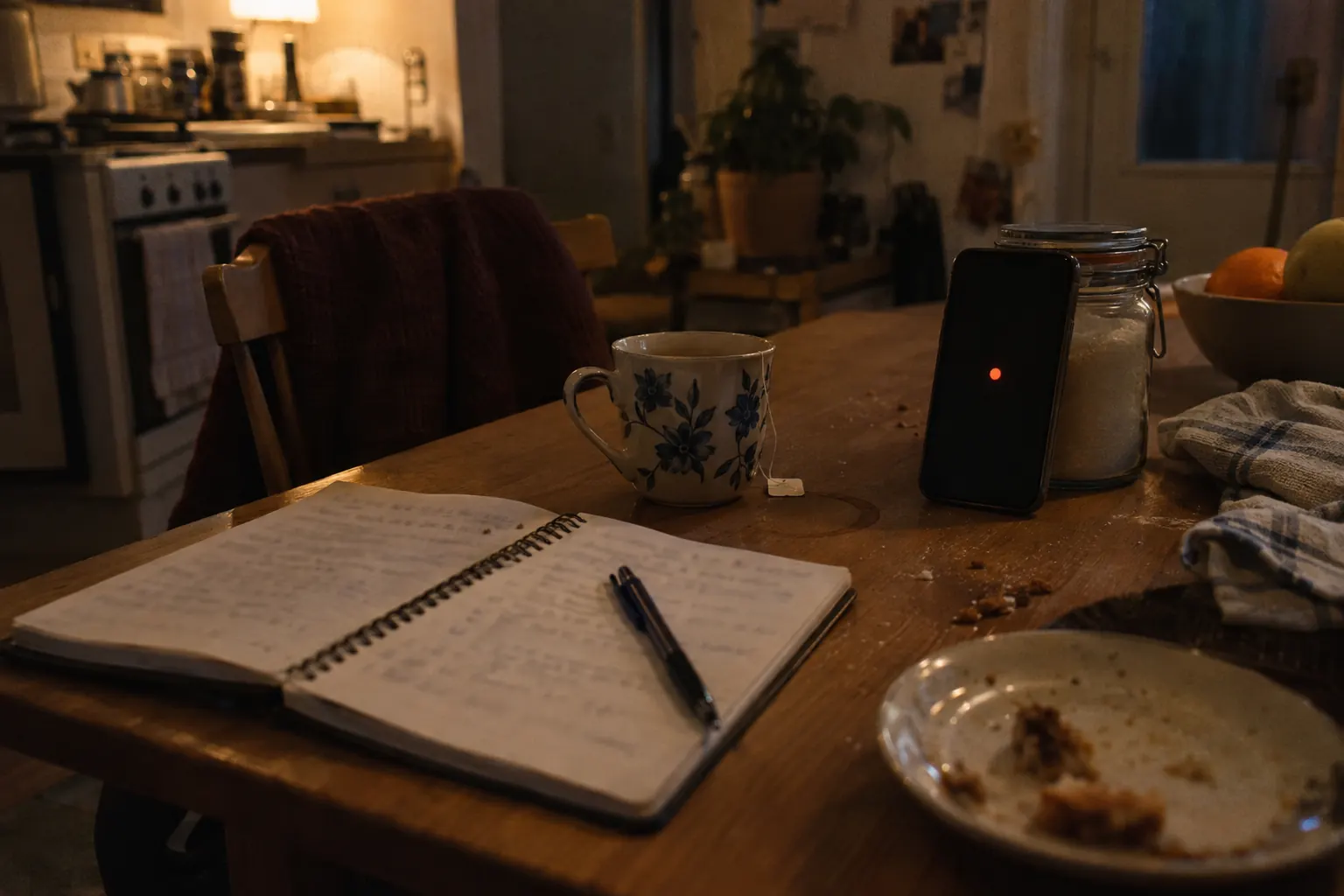 Evening kitchen table with an open notebook of practice sentences, a mug of tea and a phone recording