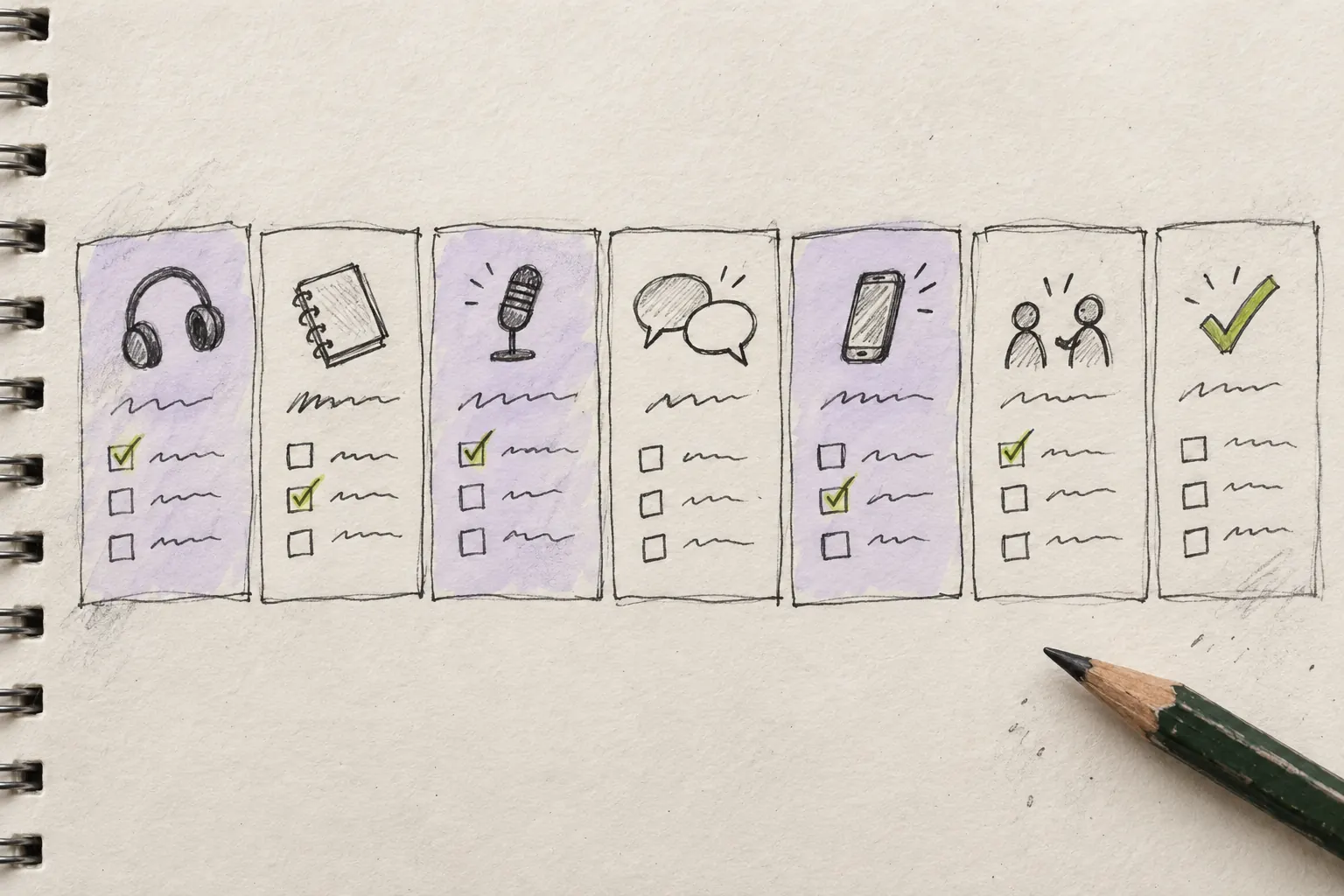 Hand-drawn weekly plan with seven boxes, each with a small practice icon and a few pencil ticks