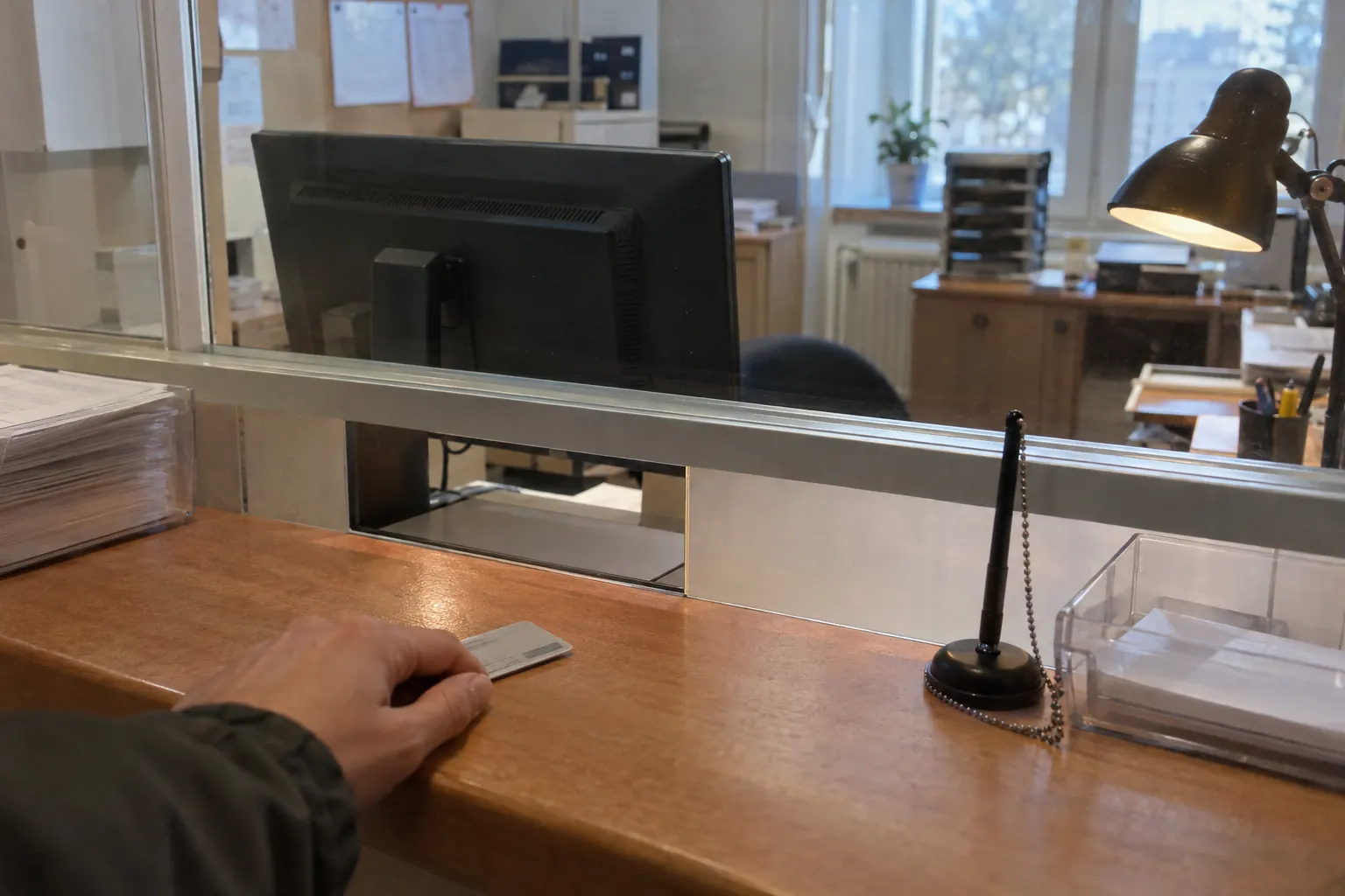 Віконце реєстратури в поліклініці: рука пацієнта з карткою на стійці, за склом монітор і настільна лампа