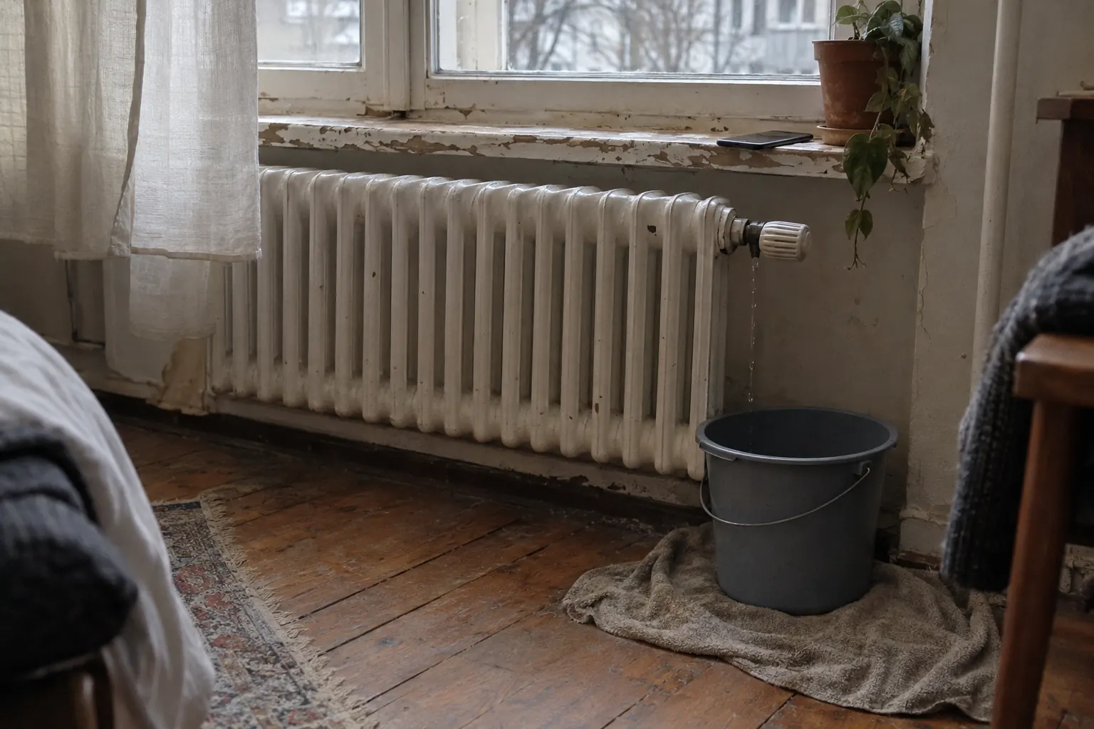 A leaking radiator valve dripping into a plastic bucket on an old towel in a German rental flat