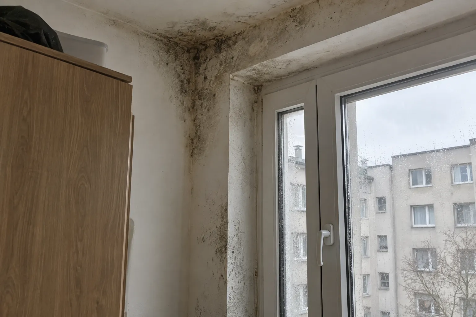 Dark mould spreading in a bedroom corner beside a tilt-and-turn window with condensation on the glass