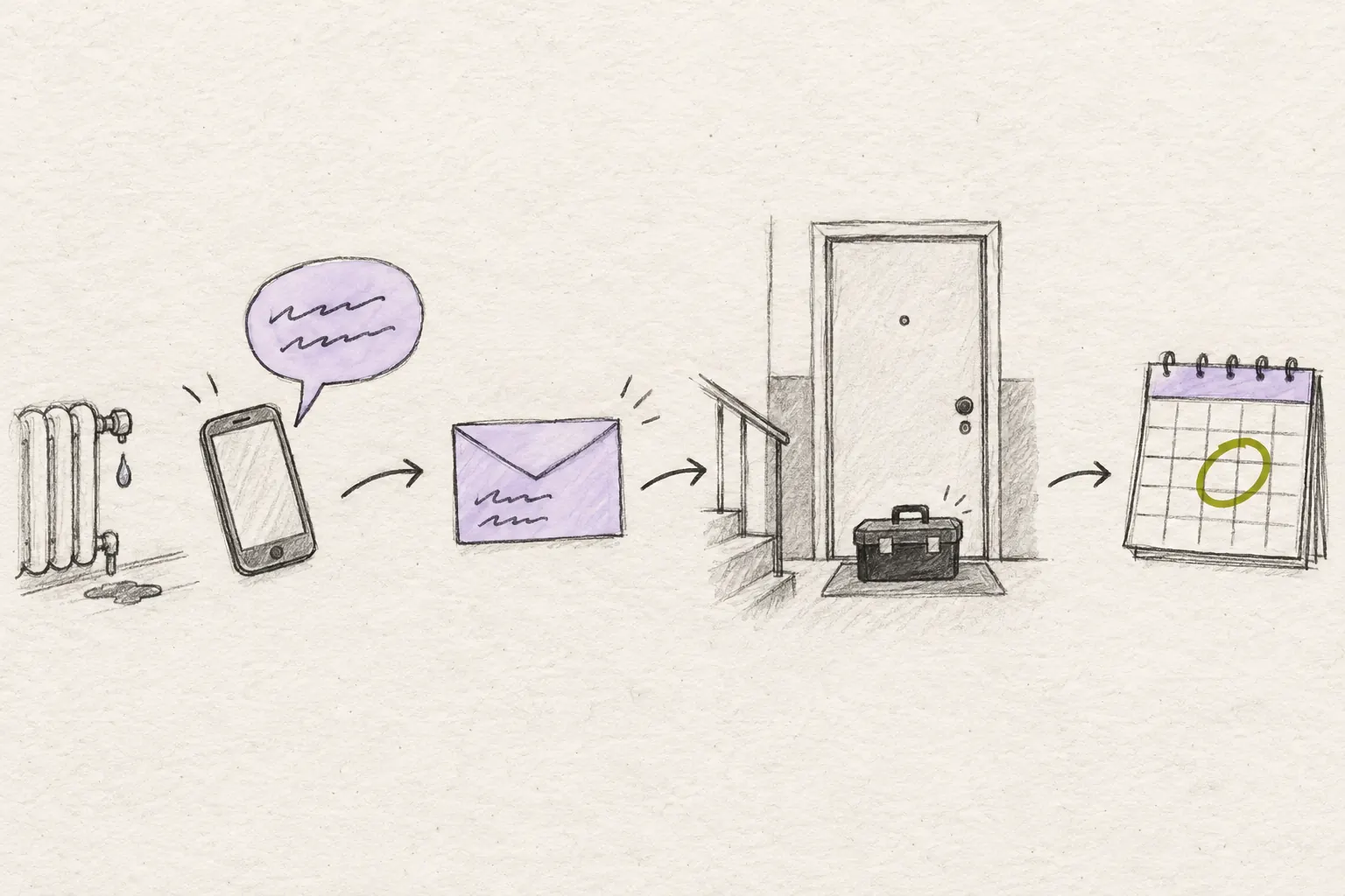 Sketch of reporting a repair: phone call, follow-up email, a toolbox at the door and a date on the calendar